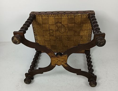 Antique Footstool Ottoman Barley Twist Wood Foot Rest 20th Century Hobnails Gorg photo vintage