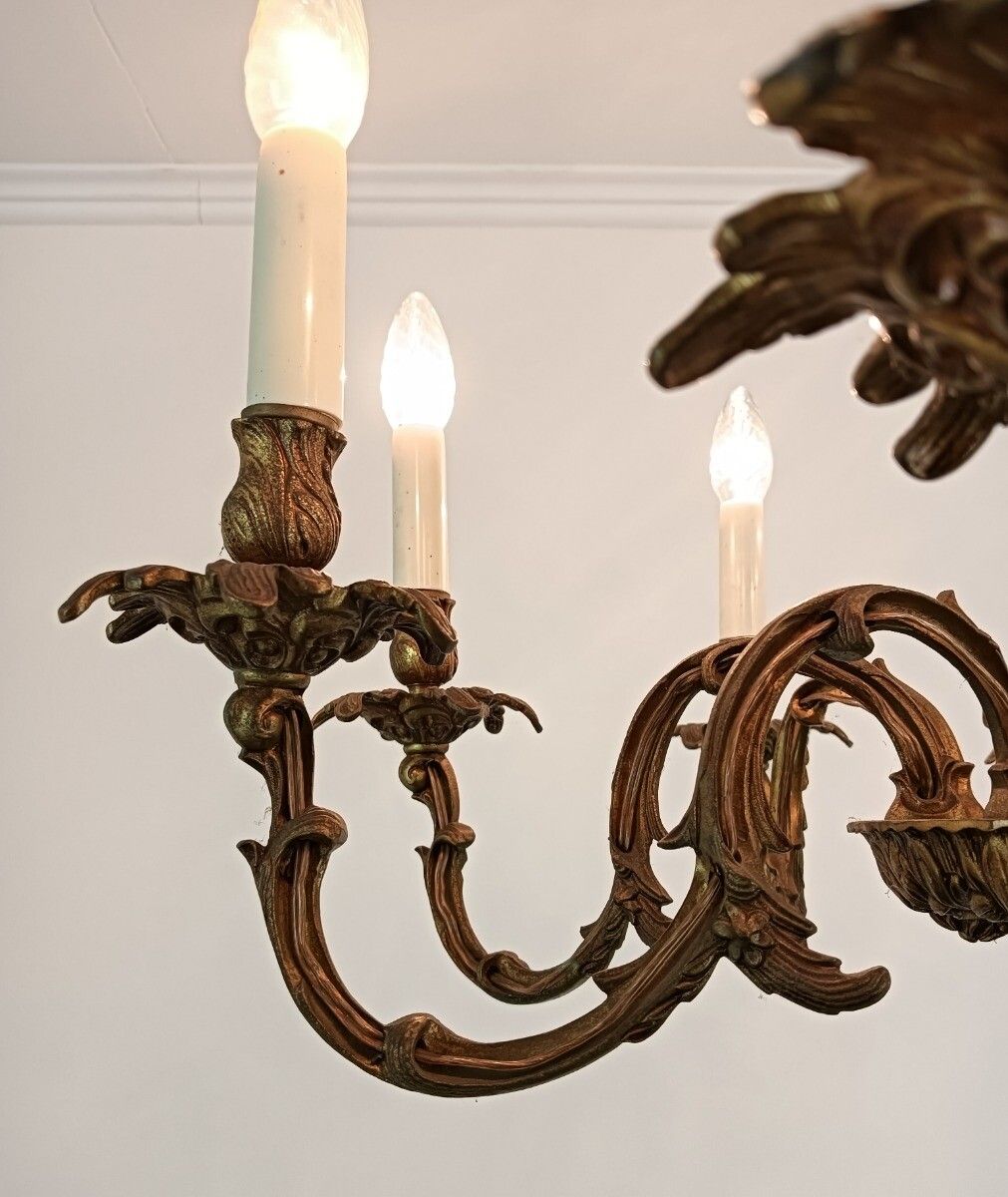 photo for sale Ornate Bronze Doré Chandelier Vintage Rococo Style 8 Lights Arm Beautiful
