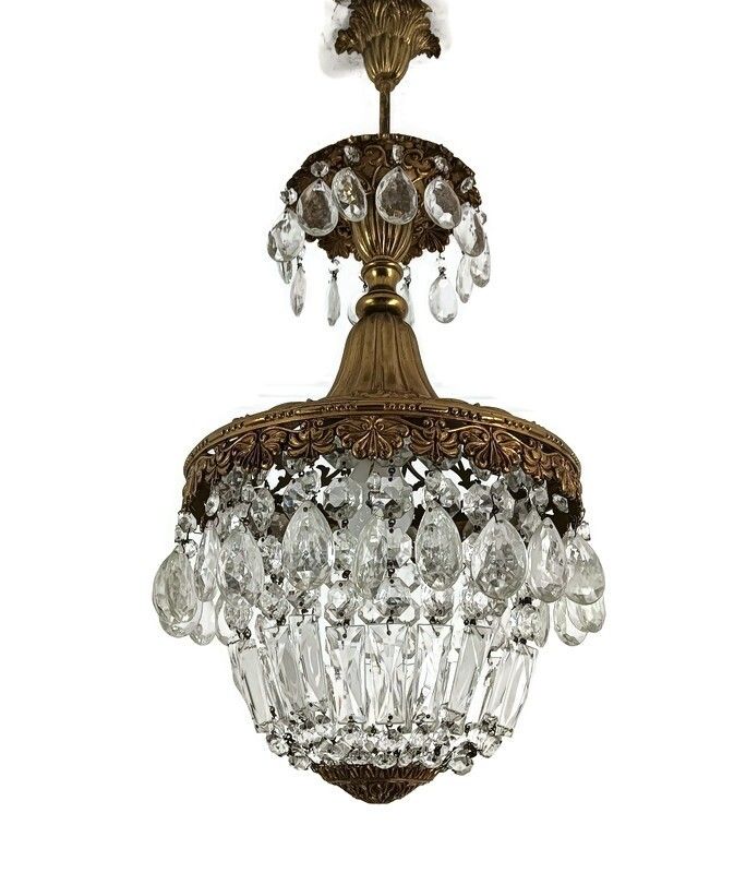 French Wedding Bag Chandelier Romantic Ornate Brass 1 Light Art Glass Prisms Vin