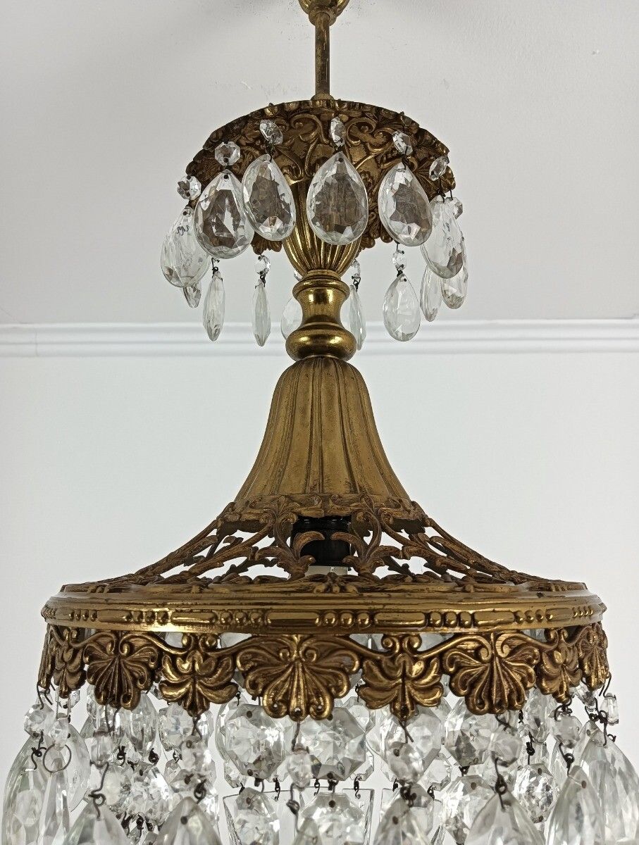 French Wedding Bag Chandelier Romantic Ornate Brass 1 Light Art Glass Prisms Vin photo buy