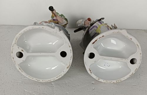 Two Statue Figurines Hunt Man Lady Blowing Horn Porcelain Hand Painted Porcelain photo for sale