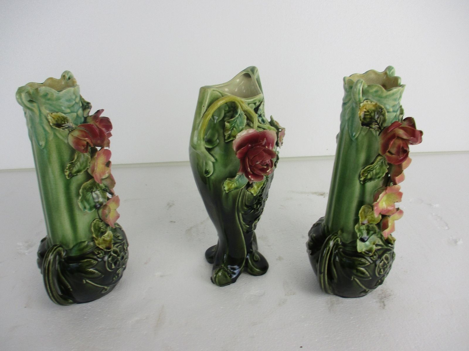 Set Of 3 French Barbotine Majolica Vases Planters Centerpiece Pitchers Art Nouve photo Home Decor