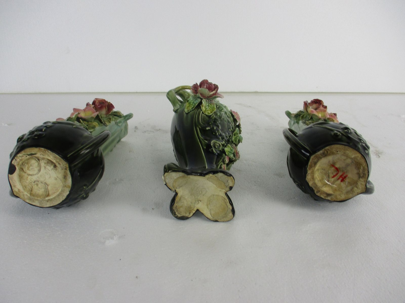Set Of 3 French Barbotine Majolica Vases Planters Centerpiece Pitchers Art Nouve photo vintage