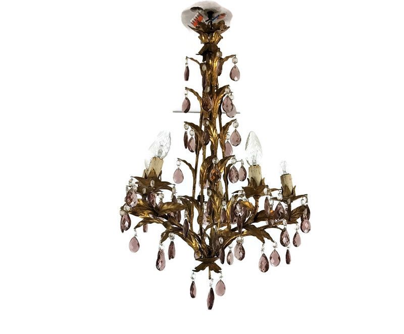 Gold Gilded Florentine Italian Hollywood Regency Chandelier Ambered  Crystals 5