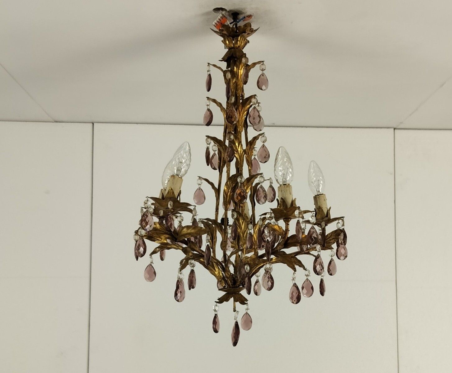Gold Gilded Florentine Italian Hollywood Regency Chandelier Ambered  Crystals 5 photo 790.0
