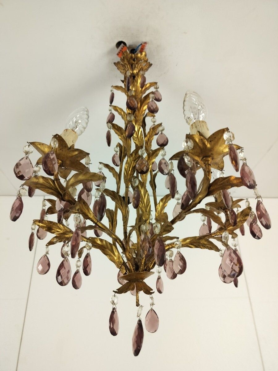 Gold Gilded Florentine Italian Hollywood Regency Chandelier Ambered  Crystals 5 photo buy