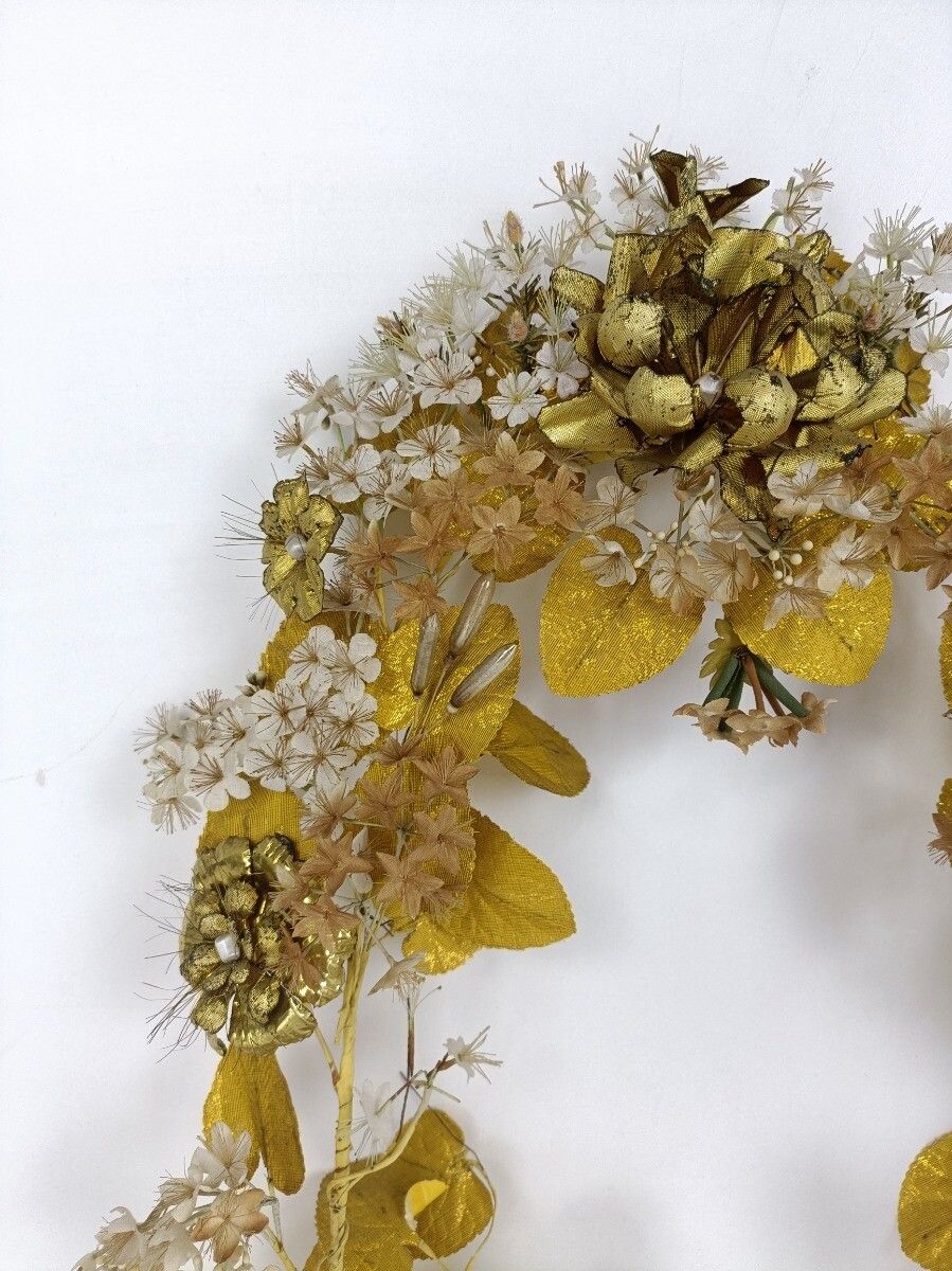 Antique Bridal Wedding Silk Flowers Porcelain Ormolu Wreath Boucquet 19th Centur photo vinterior