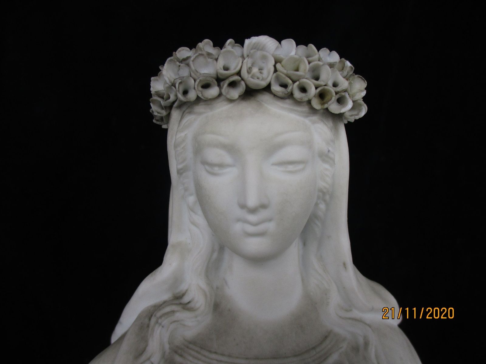 French Antique 1900 Bisque Statue Virgin Mary Our Lady Infant Flower Wreath Crow photo furniture