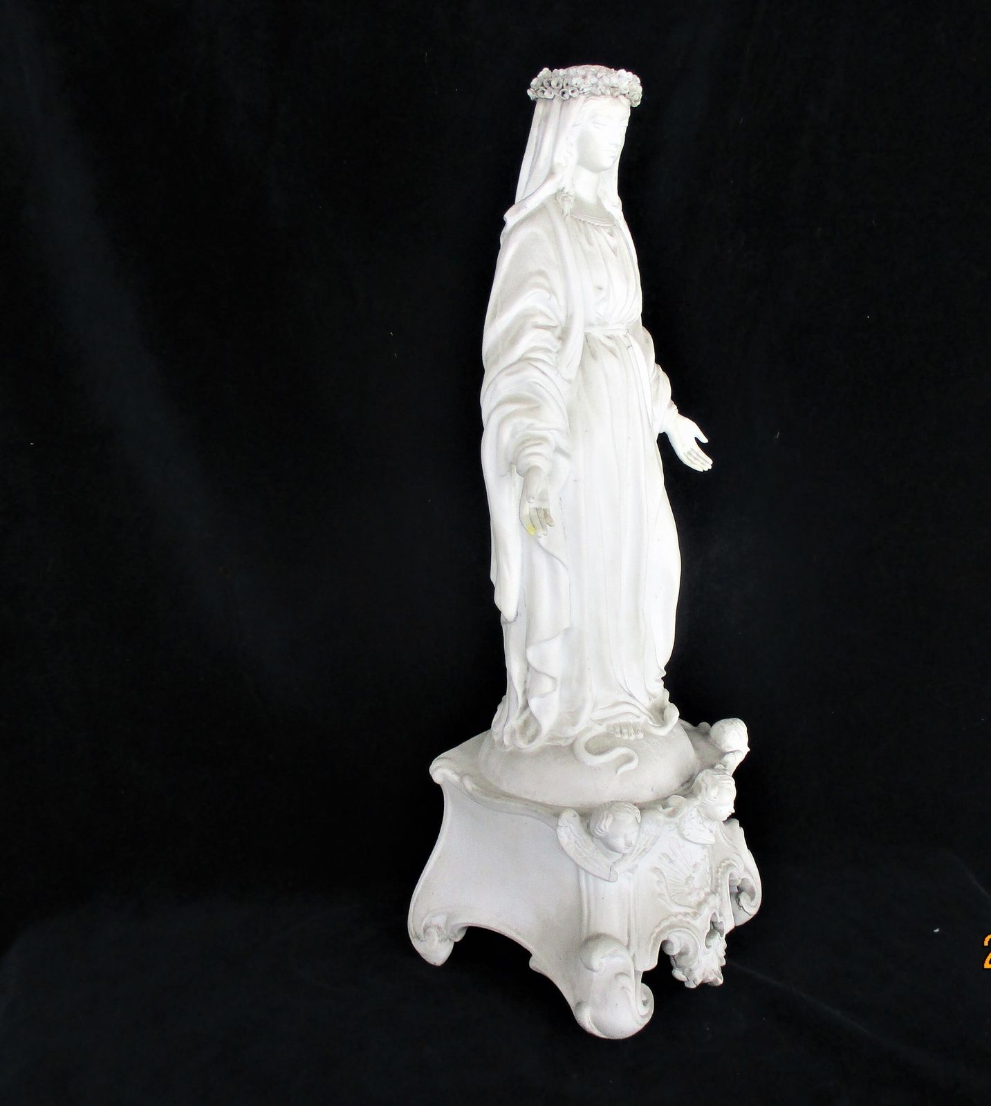 photo furniture French Antique 1900 Bisque Statue Virgin Mary Our Lady Infant Flower Wreath Crow