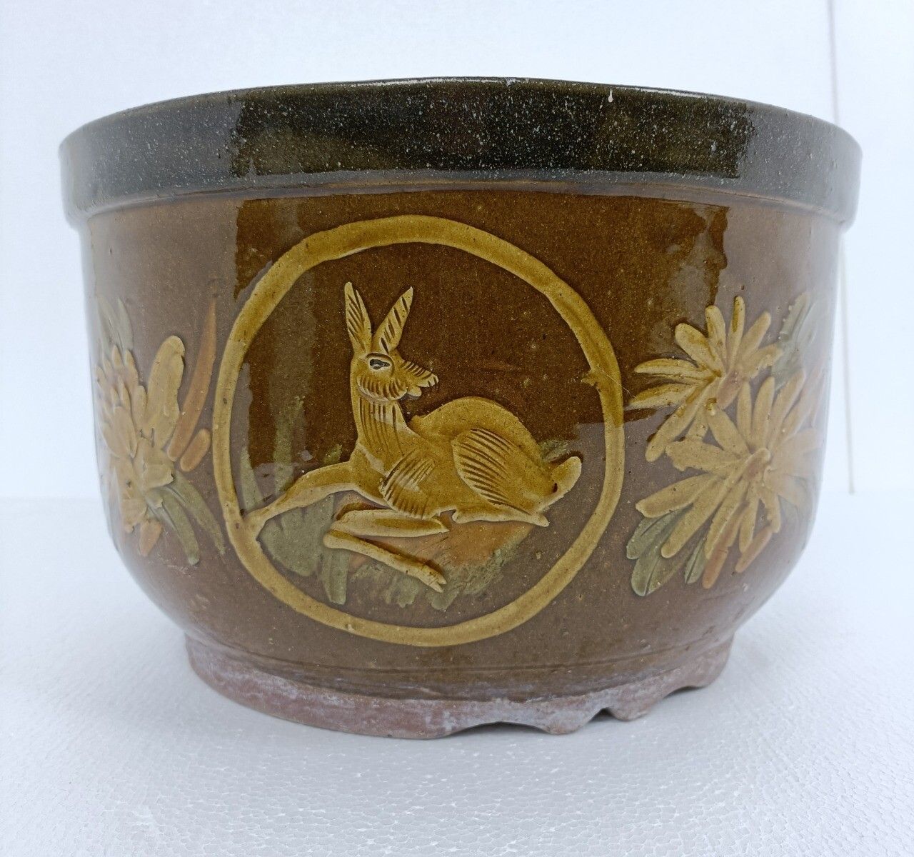 Xl Planter Cache Pot French Pottery Faience Hunter Scenes Deer Bird Gorgeous photo vinterior
