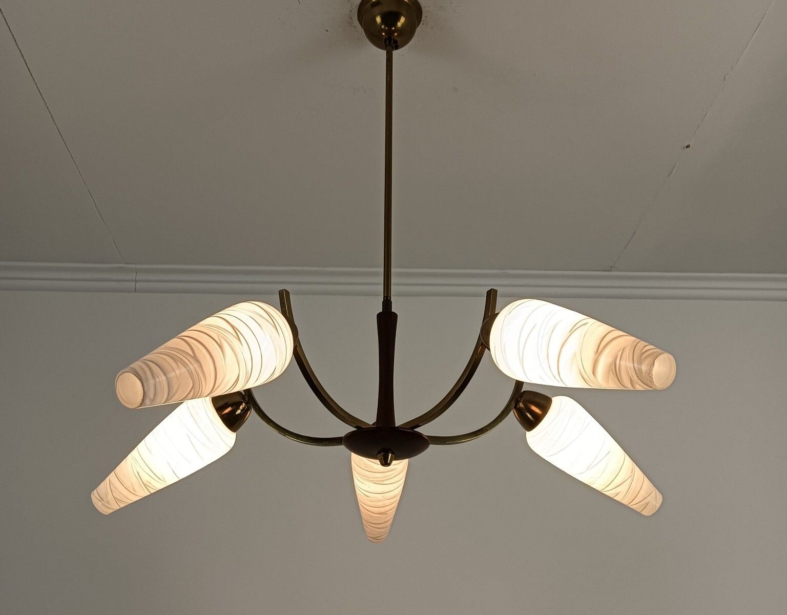 Vintage Spider Retro Chandelier Teak Glass Brass 5 Lights Glass Shades Funky photo vinterior