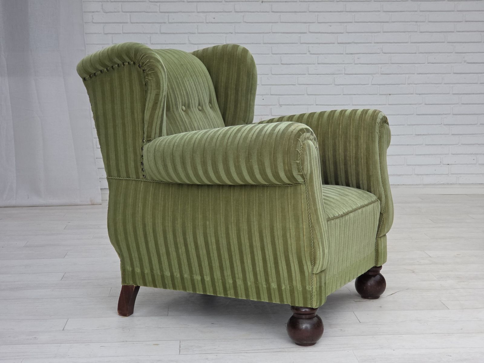 1950s, Danish Relax Armchair, Green Furniture Velour Fabric, Ash Wood Legs. photo furniture