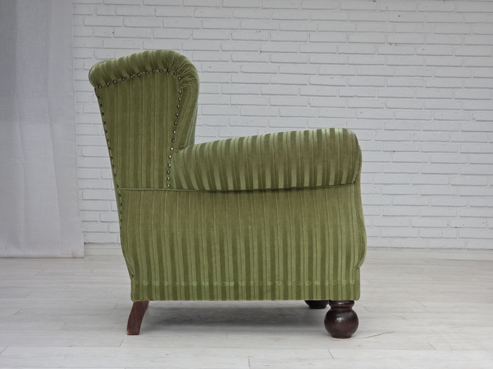 1950s, Danish Relax Armchair, Green Furniture Velour Fabric, Ash Wood Legs. photo 1350.0