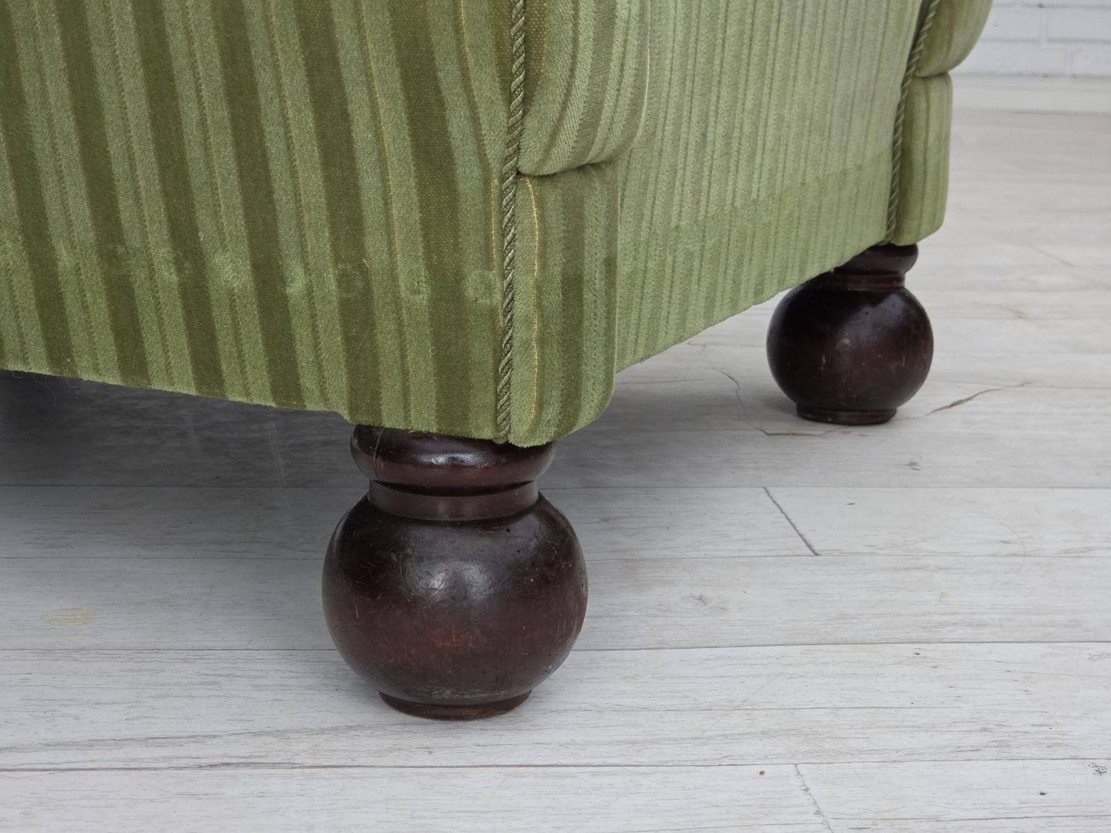 1950s, Danish Relax Armchair, Green Furniture Velour Fabric, Ash Wood Legs. photo vinterior