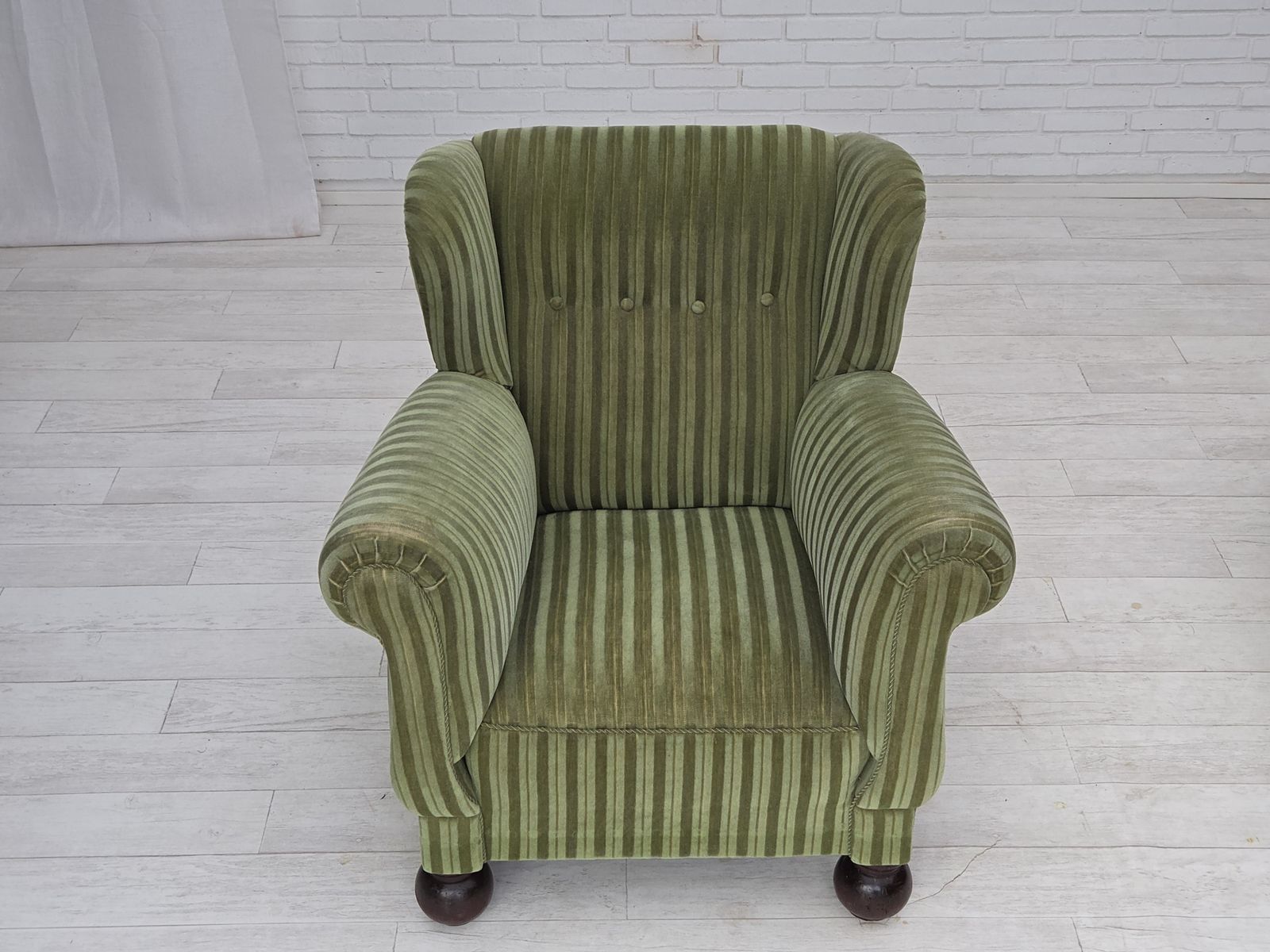 1950s, Danish Relax Armchair, Green Furniture Velour Fabric, Ash Wood Legs. photo buy