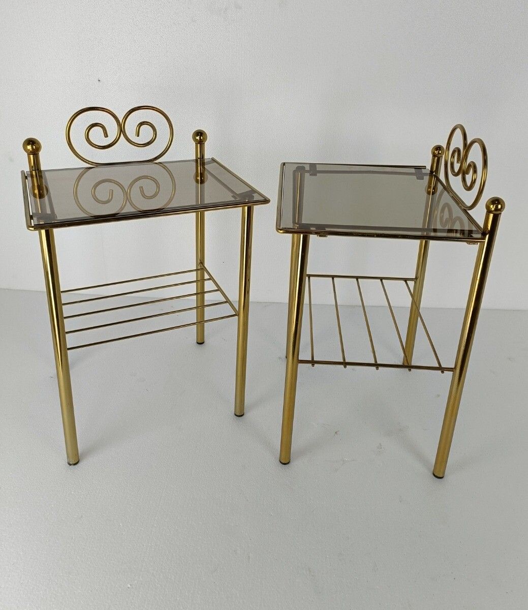 Couple Hollywood Regency Side Occasional Tables Plant Stands Brass Smoked Glass photo furniture
