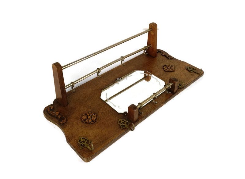 Vintage Wall Coat Rack Mid Century Modern Railroad Industrial  Carved Wood Mirro