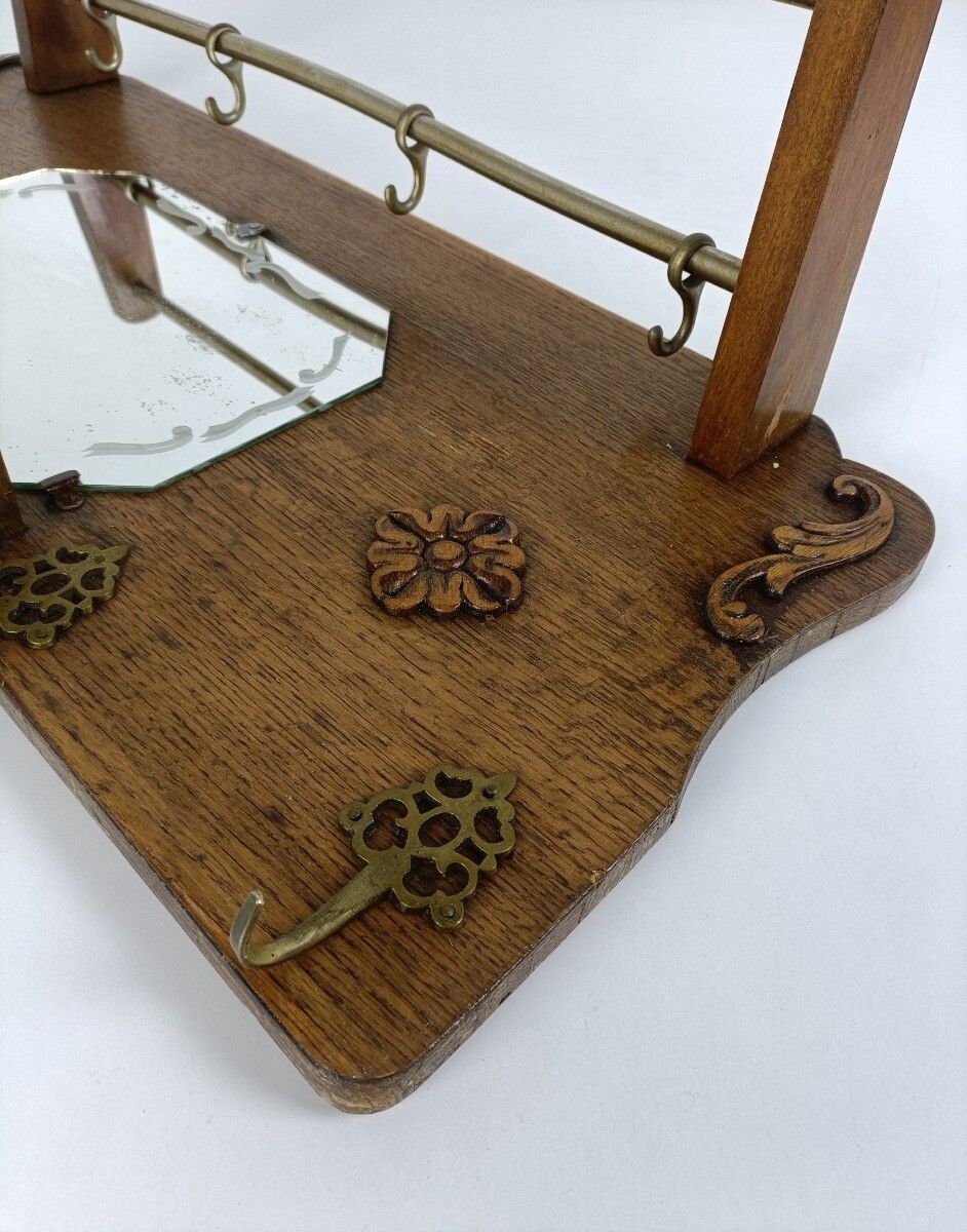 Vintage Wall Coat Rack Mid Century Modern Railroad Industrial  Carved Wood Mirro photo Furniture