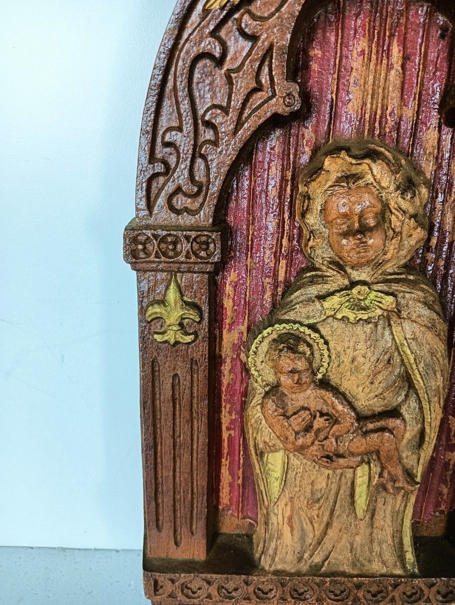 Gothic Gorgeous Wall Hanging French Fleur De Lis Madonna With Infant Jesus Angel photo Art