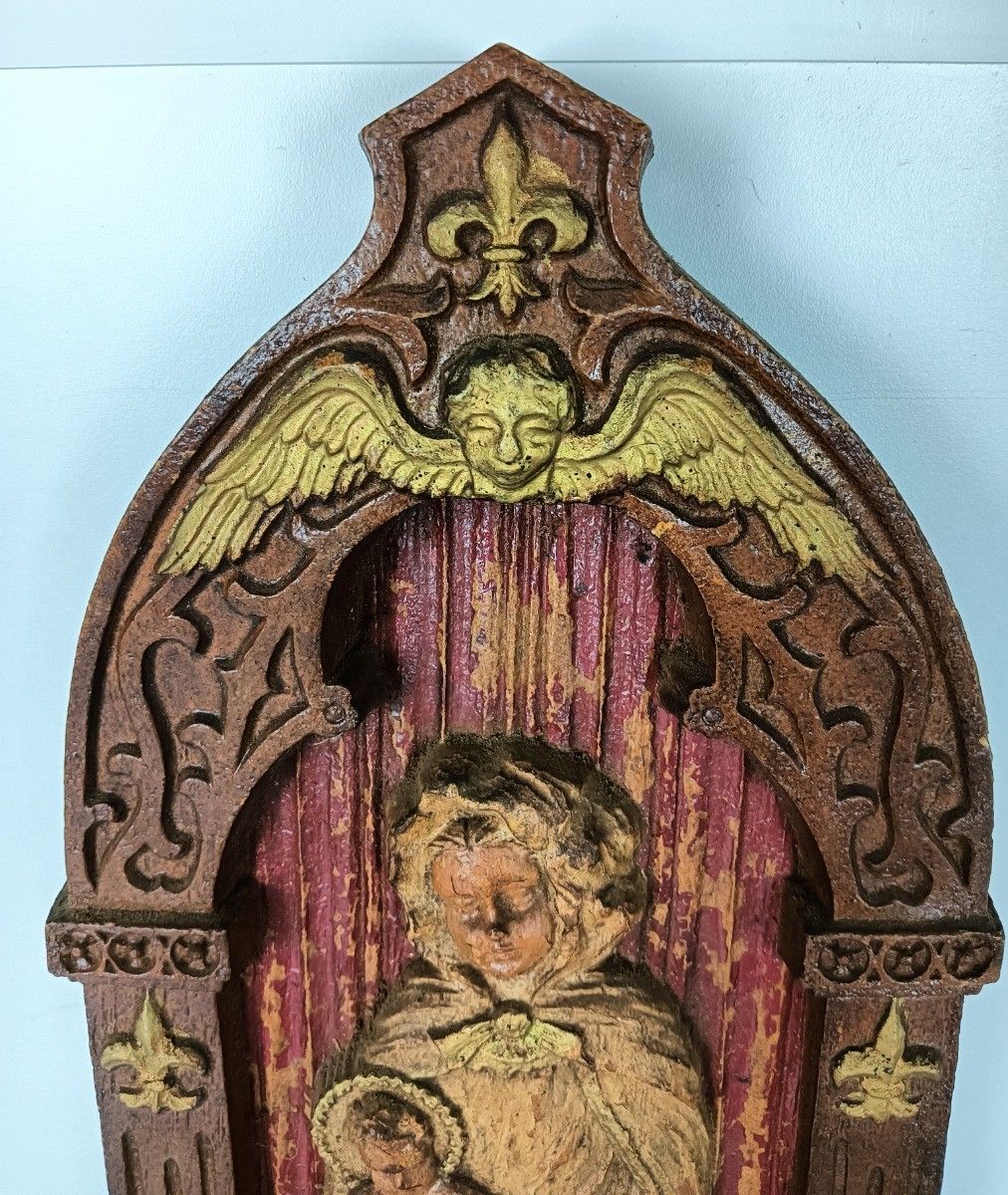 Gothic Gorgeous Wall Hanging French Fleur De Lis Madonna With Infant Jesus Angel photo 262.0