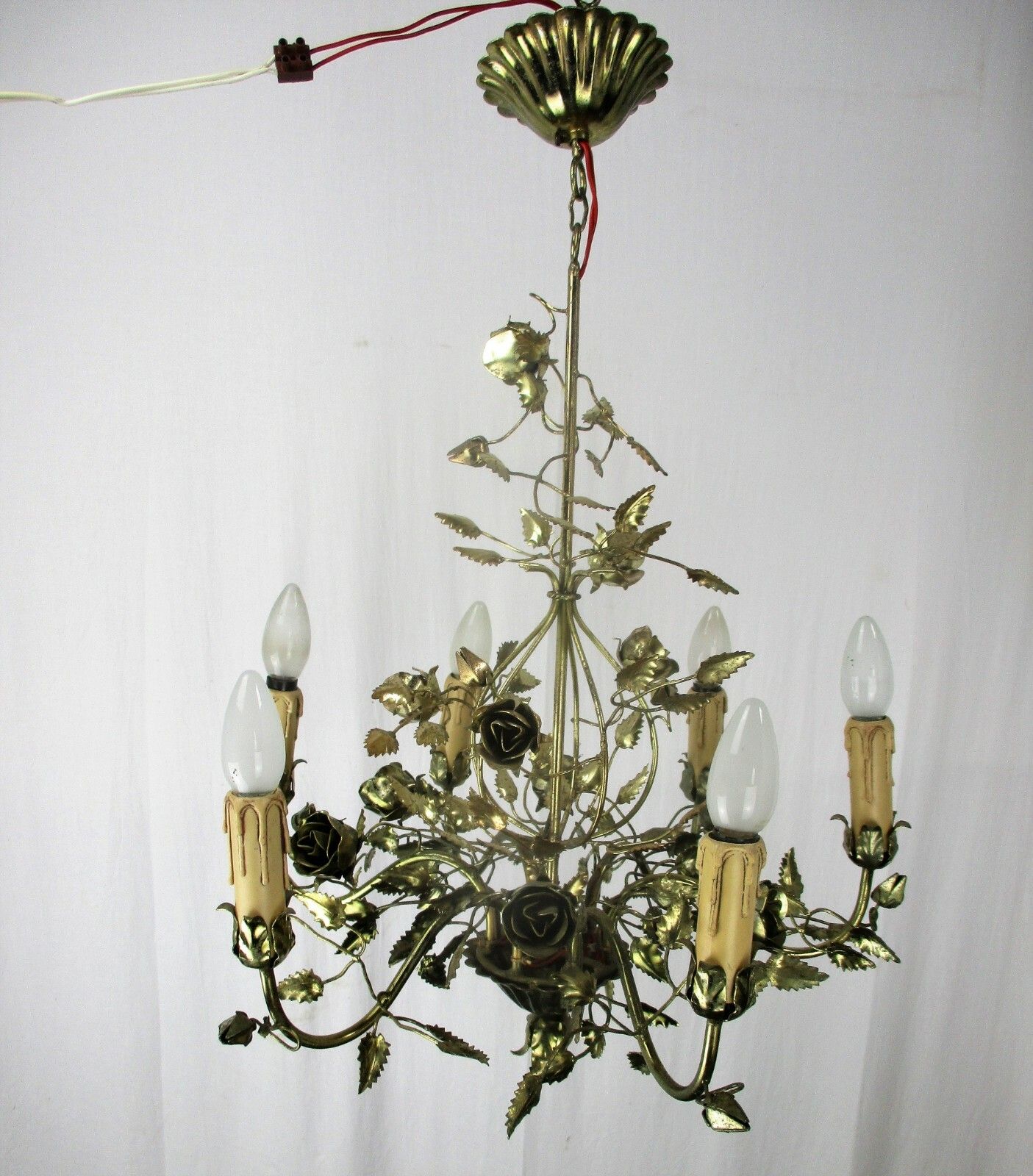 Hollywood Regency Chandelier 6 Lights Brass Flowers Leafs Basket Htf Lovely photo buy