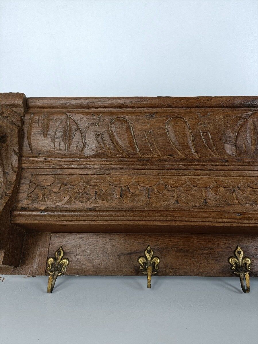 Hand Carved Wood Oak Coat Hat Kitchen Hallway Rack Ornate Antique Lion Heads photo vinterior