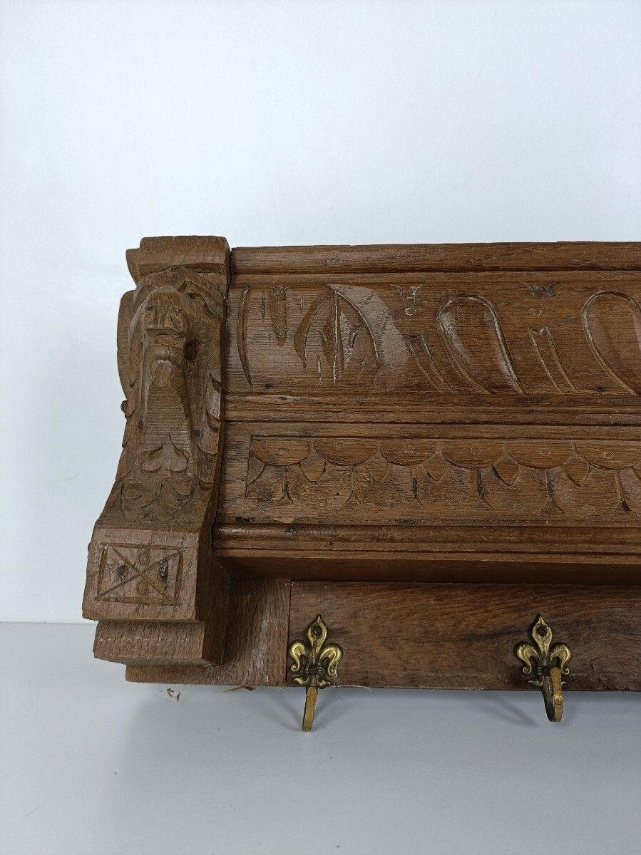 Hand Carved Wood Oak Coat Hat Kitchen Hallway Rack Ornate Antique Lion Heads photo buy