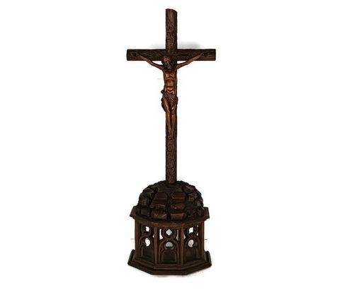 Antique 19th Century Standing Large Carved Wooden Gothic Crucifix Cross Jesus Ch