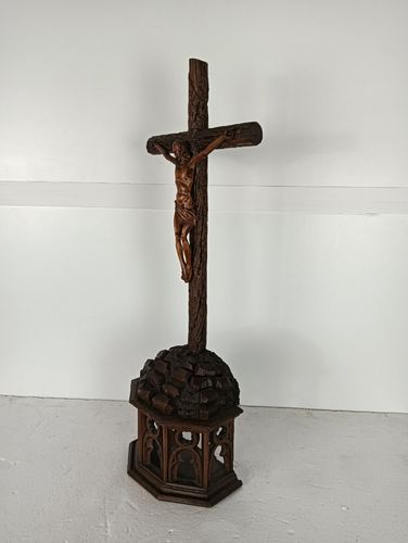 Antique 19th Century Standing Large Carved Wooden Gothic Crucifix Cross Jesus Ch photo vinterior