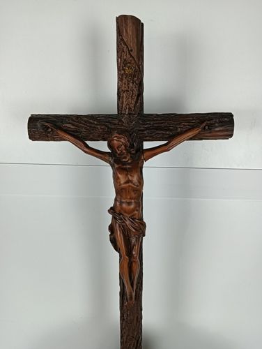 Art Antique 19th Century Standing Large Carved Wooden Gothic Crucifix Cross Jesus Ch photo
