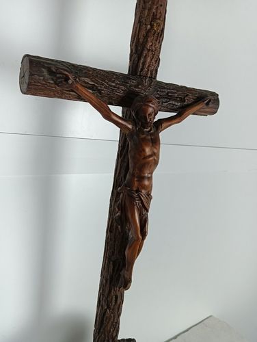 485.0 Antique 19th Century Standing Large Carved Wooden Gothic Crucifix Cross Jesus Ch photo