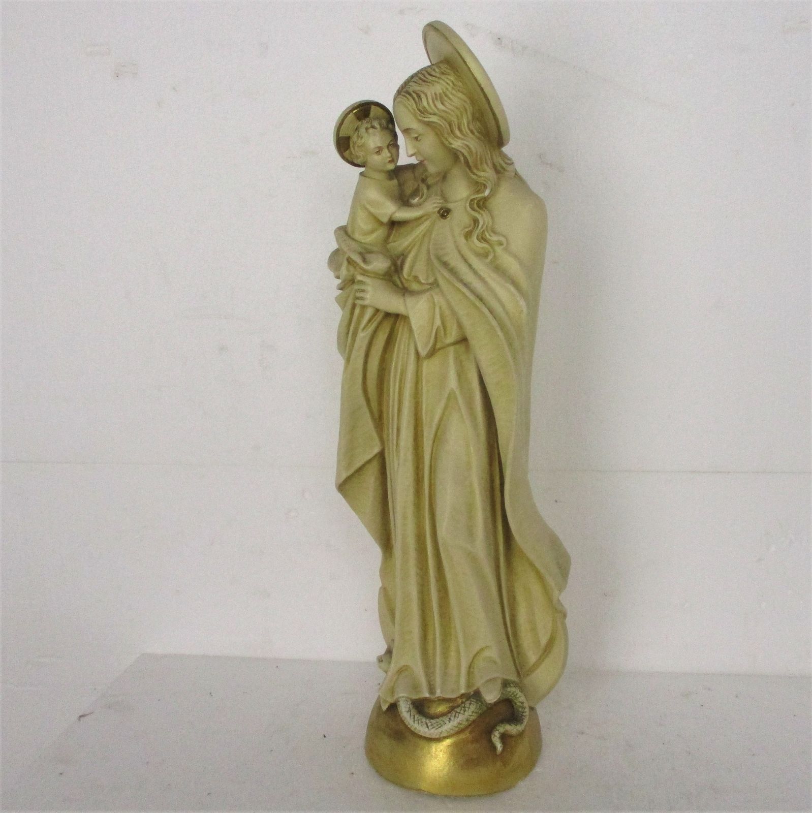 Large Statue Virgin Mary Madonna Infant Treading On Snake Plaster Gold Colored H photo 323.0