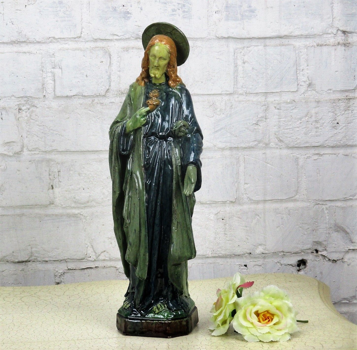 Large Statue Flanders Flemish Pottery Holy Heart Jesus Christ Majolica 15.35"