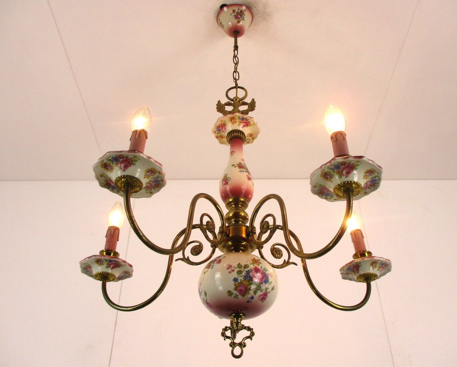 Flemish Dutch  Chandelier  5 Arms Lights Ceramic Porcelain Brass Italian Style photo 278.0