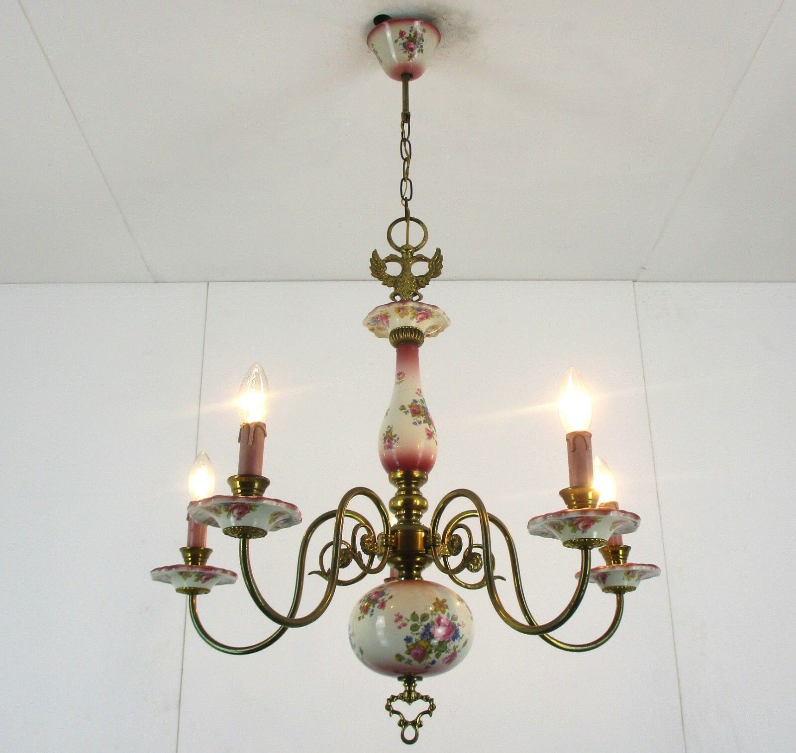 Flemish Dutch  Chandelier  5 Arms Lights Ceramic Porcelain Brass Italian Style photo vinterior