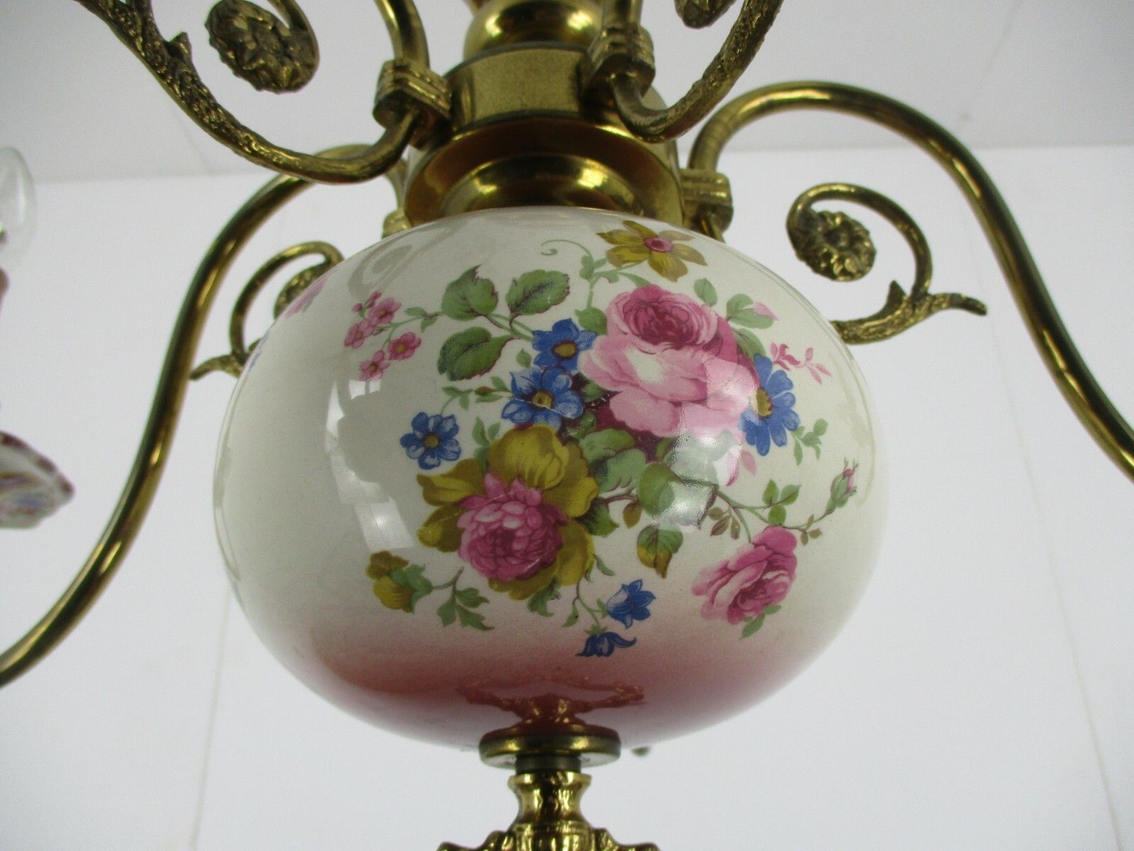 Flemish Dutch  Chandelier  5 Arms Lights Ceramic Porcelain Brass Italian Style photo vintage