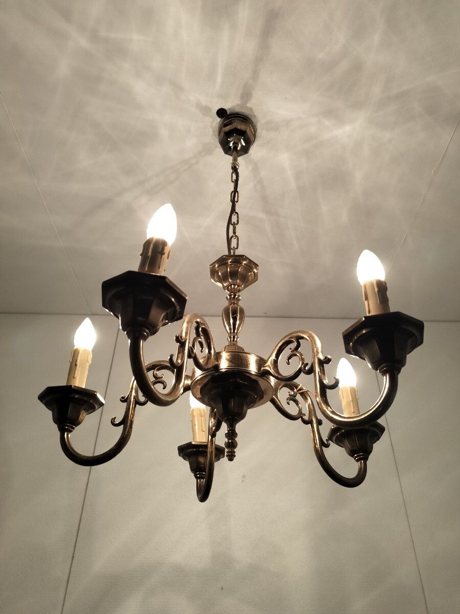 Brass Vintage Chandelier Massive 5 Arms 5 Lights Belgium photo for sale