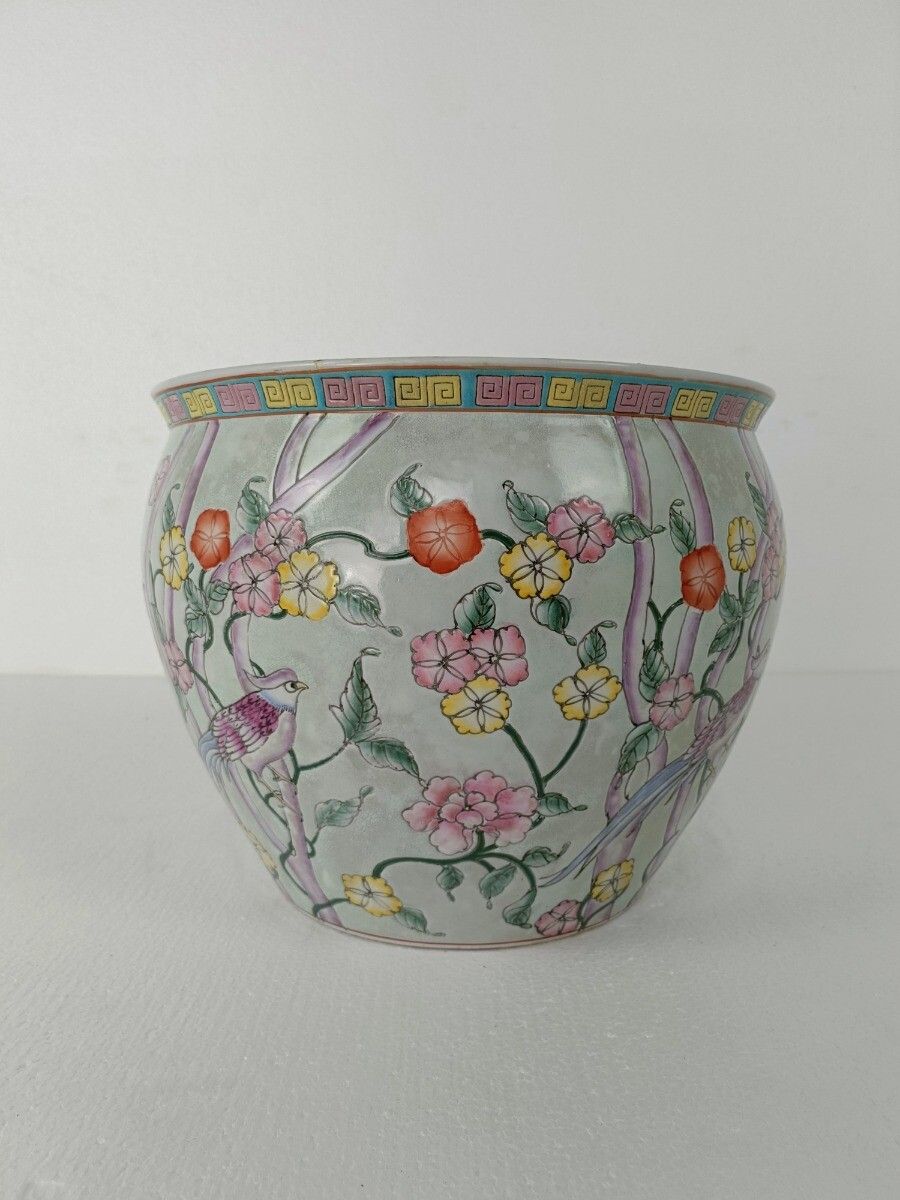 Gorgeous Chinese Porcelain  Bird Of Paradise Koi  Bowl Planter Vase Birds Flower photo Home Decor