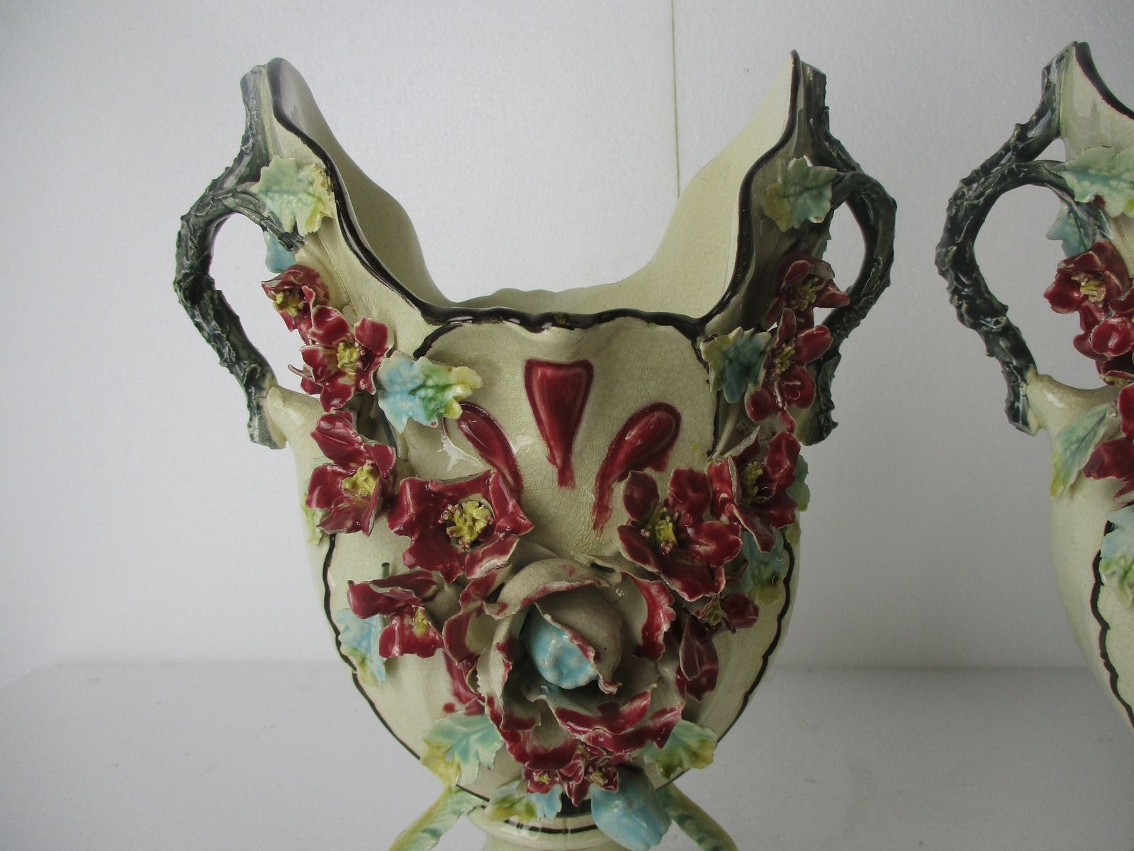 Set Of 2 Pair French Barbotine Majolica Vases Planters Centerpiece Gorgeous Flow photo furniture