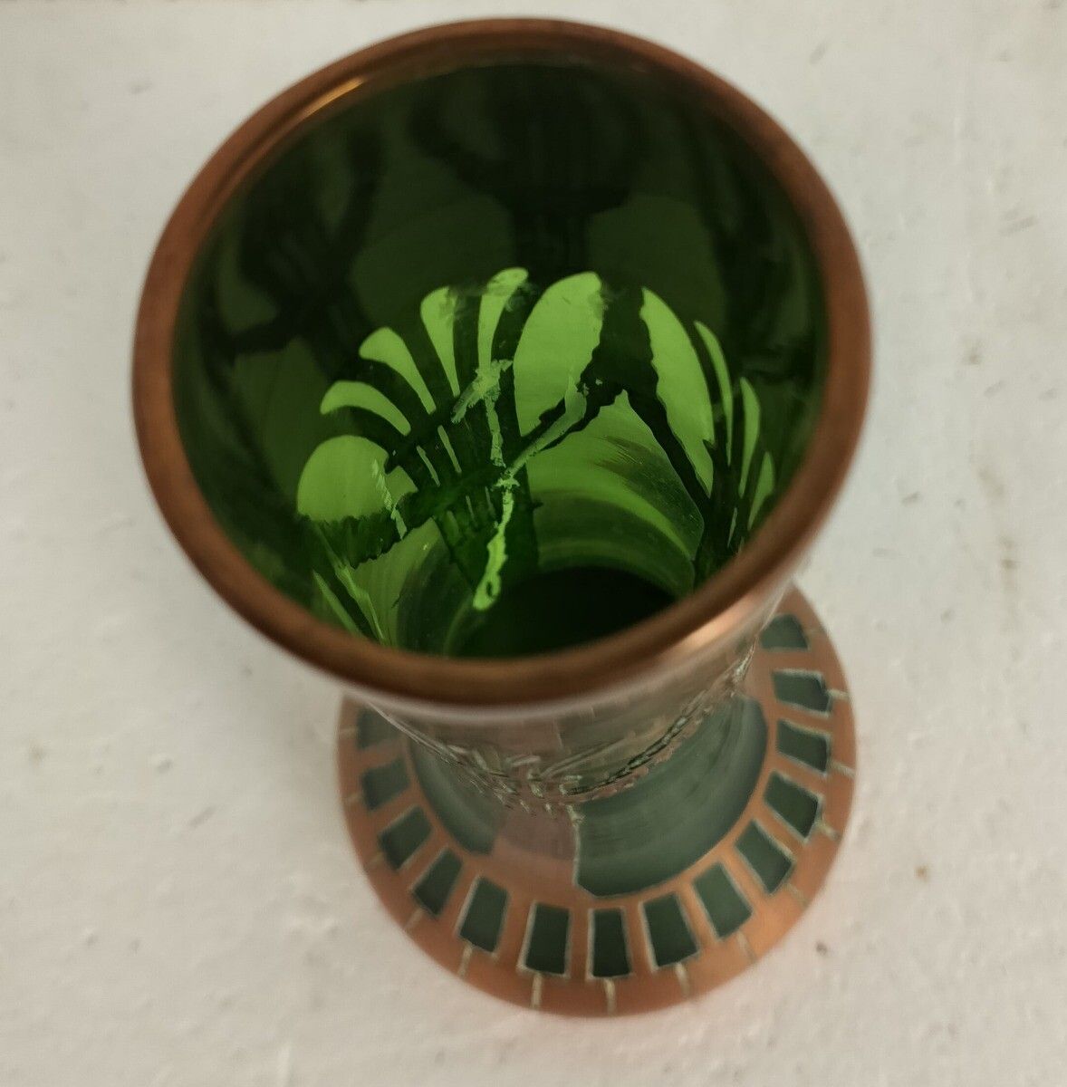 Emerald Green Vintage Bohemian Vase With Copper Overlay Art Deco Antique photo vinterior