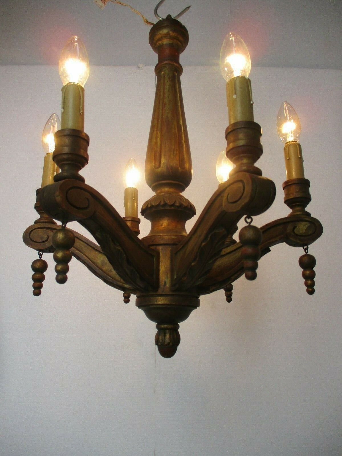 Small Hand Carved Wooden Chandelier Ornate 6 Arm Country Farmhouse Barn Style photo for sale