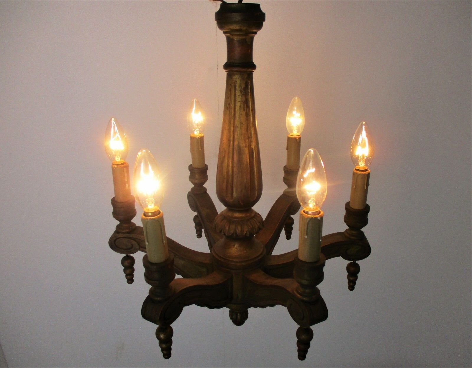 Small Hand Carved Wooden Chandelier Ornate 6 Arm Country Farmhouse Barn Style photo Lighting