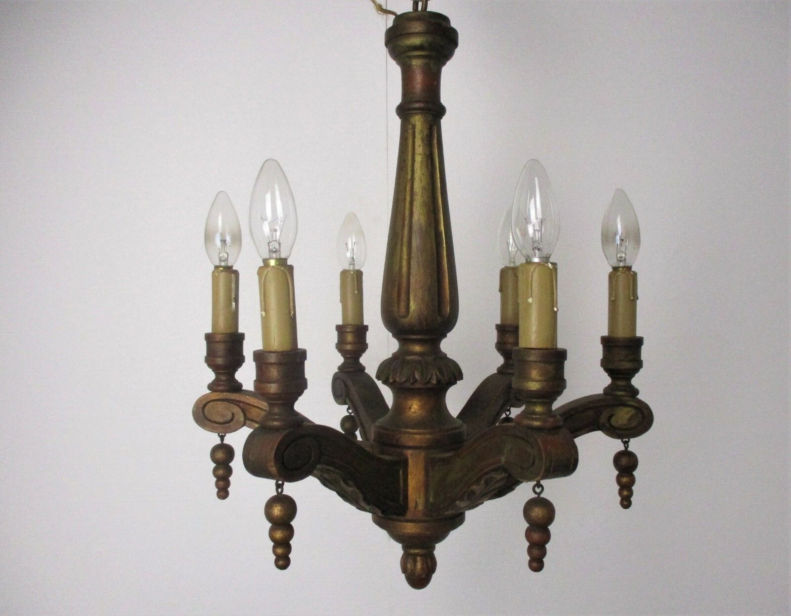Small Hand Carved Wooden Chandelier Ornate 6 Arm Country Farmhouse Barn Style photo 278.0