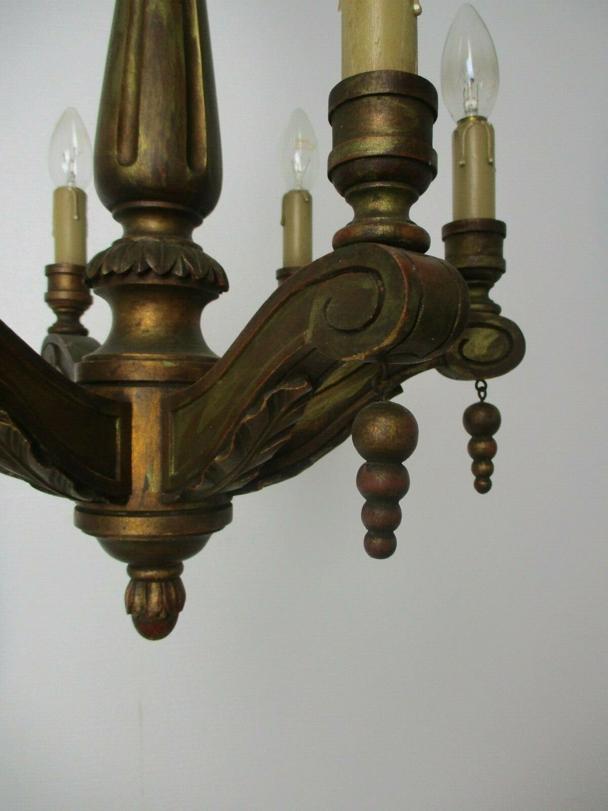 Small Hand Carved Wooden Chandelier Ornate 6 Arm Country Farmhouse Barn Style photo vinterior