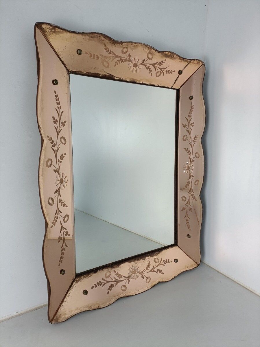 Art Deco Nouveau Wall Hanging Ornate Mirror Vanity Dresser Clear Etched Pink Gla photo furniture