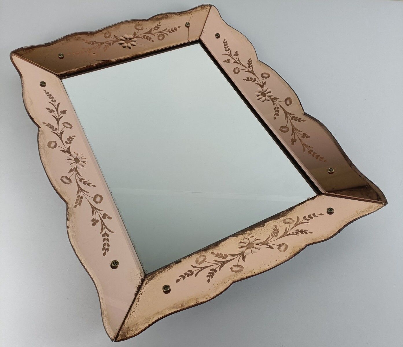 Art Deco Nouveau Wall Hanging Ornate Mirror Vanity Dresser Clear Etched Pink Gla photo vintage