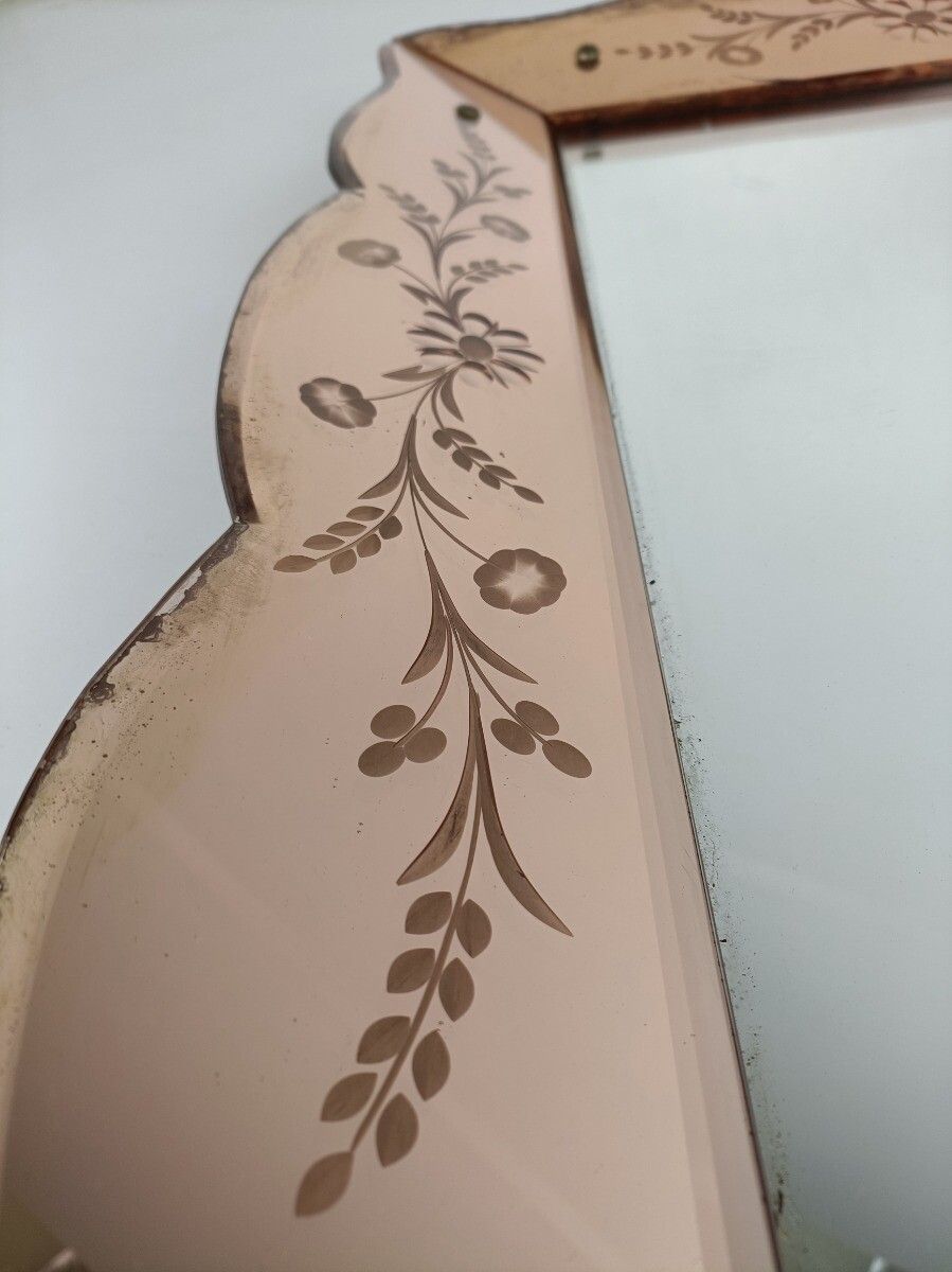 photo for sale Art Deco Nouveau Wall Hanging Ornate Mirror Vanity Dresser Clear Etched Pink Gla