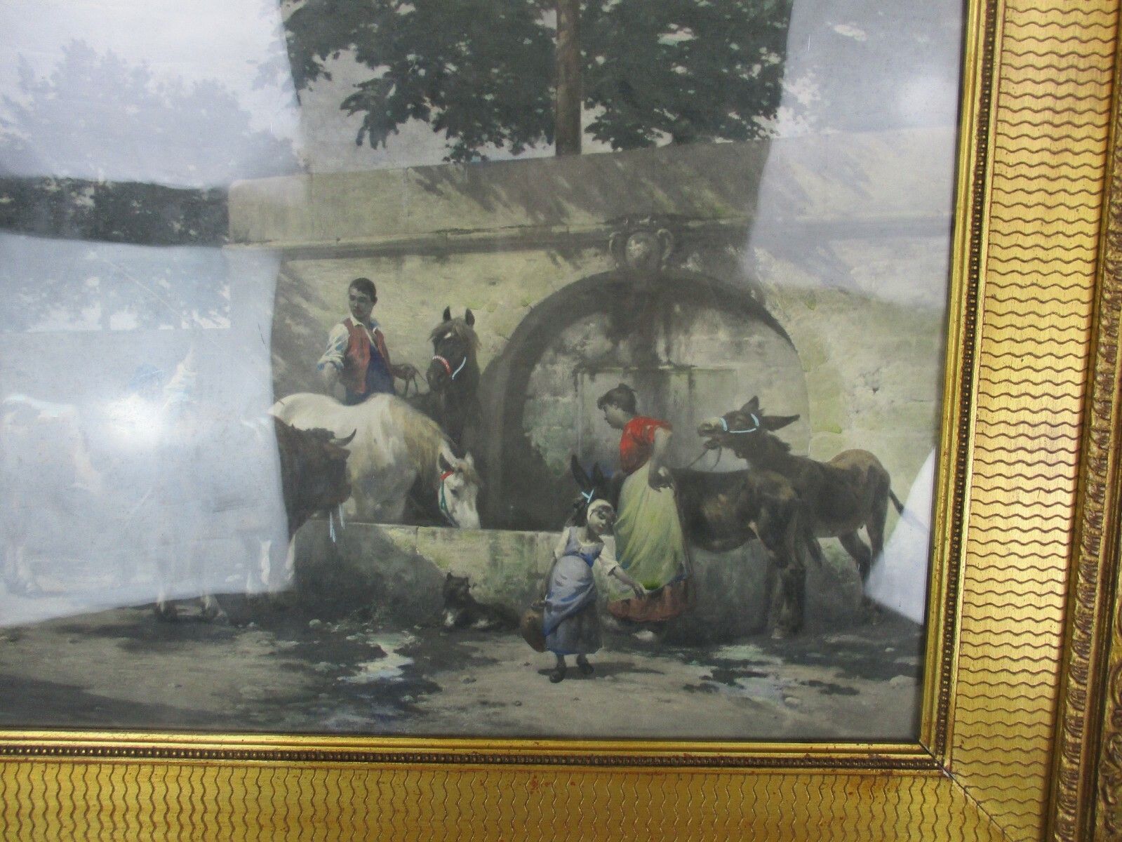 Antique Gorgeous Litho Horses Cows Water Trough Ornate Frame  Wood Plaster photo furniture