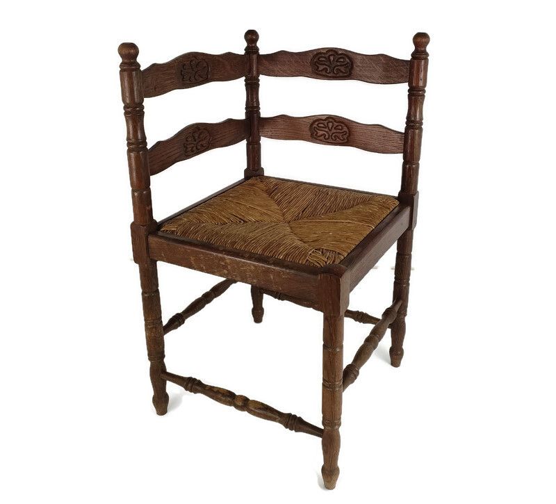 Antique Corner Armchair Fauteuil Hallway Hand Carved Wood  Rush Seating Beautifu