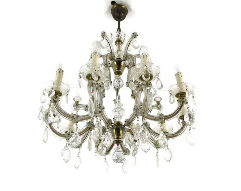 Chandelier 10 Arms Lights Brass Christal  Prisms Hollywood Regency Marie Therese